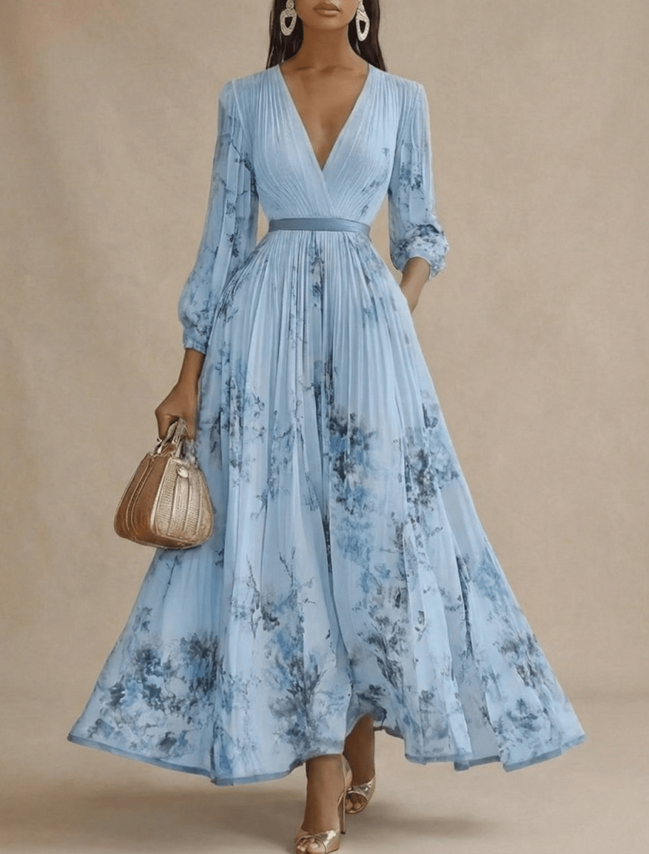 Women’s Pleated Maxi Dress with V-Neck and Long Sleeves