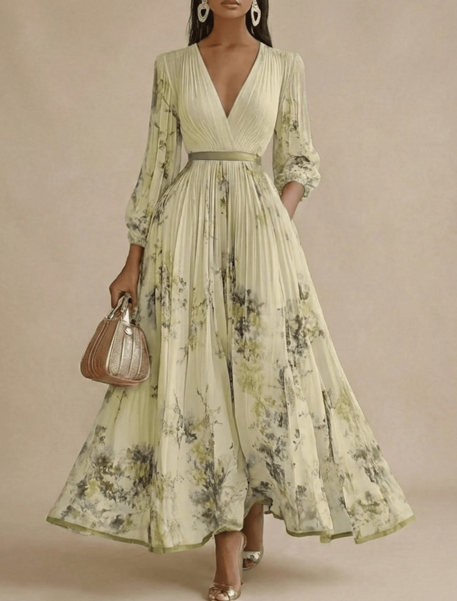Women’s Pleated Maxi Dress with V-Neck and Long Sleeves