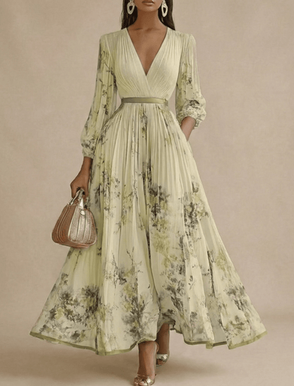 Women’s Pleated Maxi Dress with V-Neck and Long Sleeves