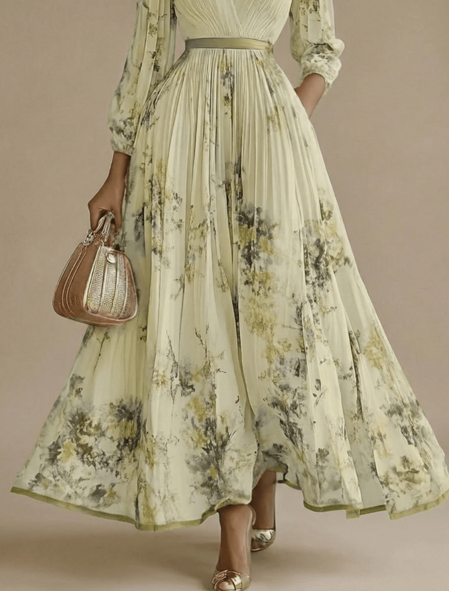 Women’s Pleated Maxi Dress with V-Neck and Long Sleeves