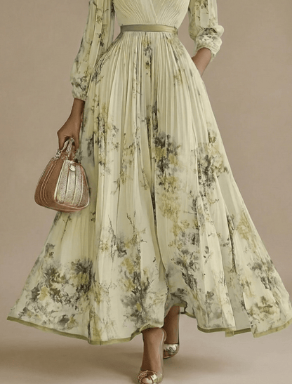 Women’s Pleated Maxi Dress with V-Neck and Long Sleeves