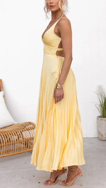 Women’s Pleated Maxi Dress with V-Neck and Sleeveless Design