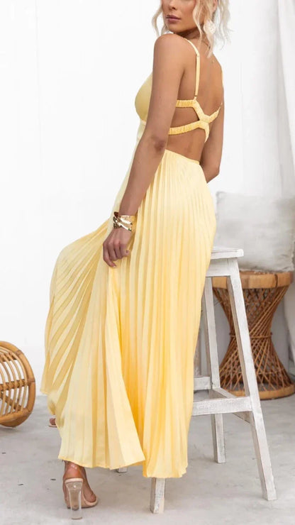 Women’s Pleated Maxi Dress with V-Neck and Sleeveless Design
