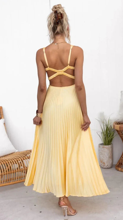 Women’s Pleated Maxi Dress with V-Neck and Sleeveless Design