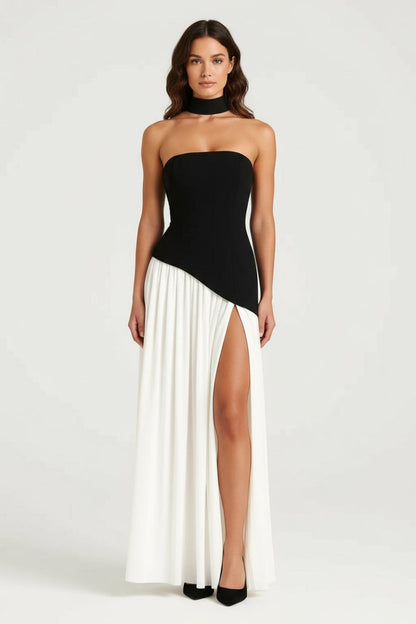 Women's Strapless Maxi Evening Dress – Asymmetric Slit Design with Scarf Detail