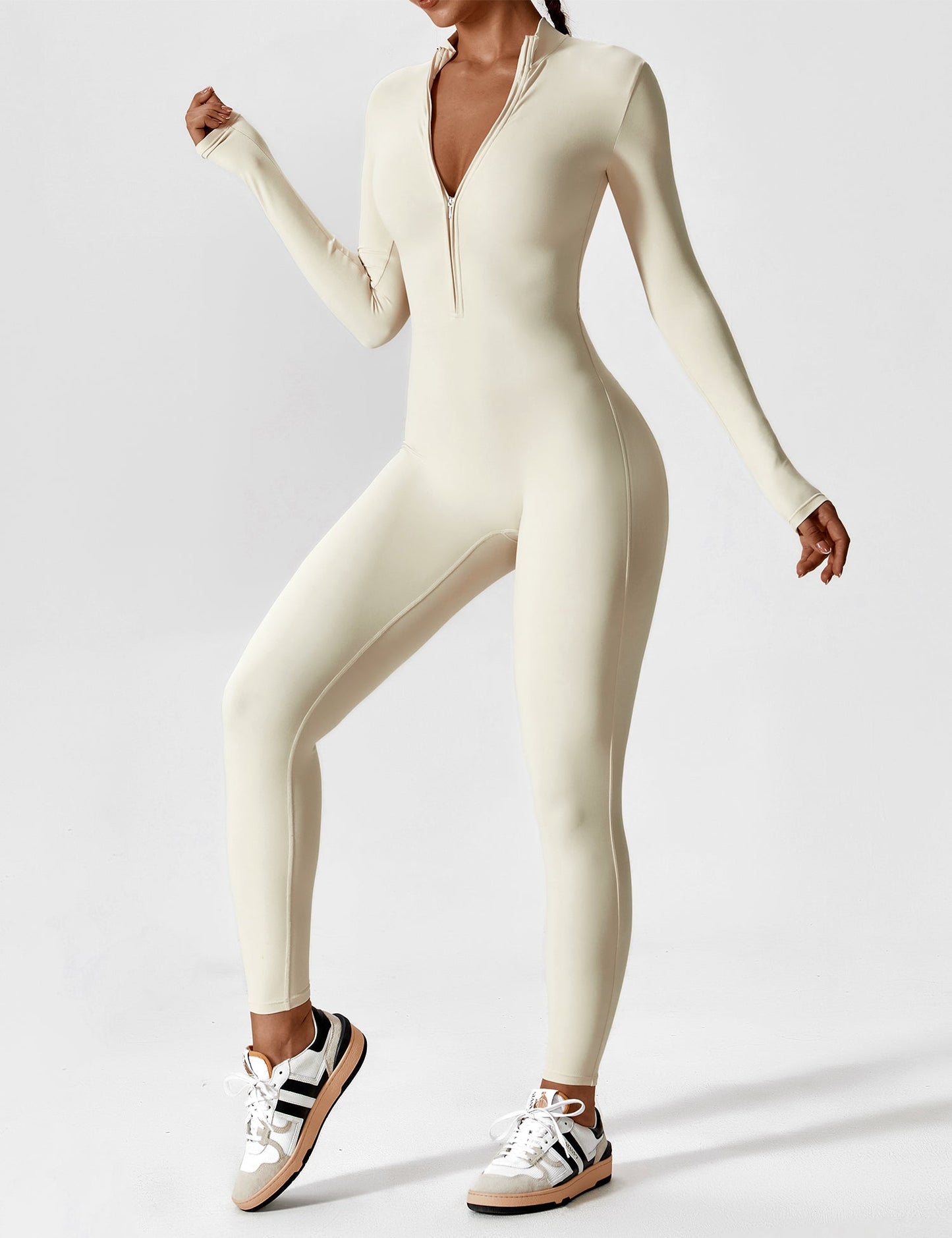 Women's Zip Front Fitted Jumpsuit Long Sleeve Casual Summer Outfit