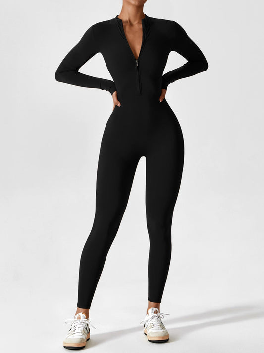 Women's Zip Front Fitted Jumpsuit Long Sleeve Casual Summer Outfit