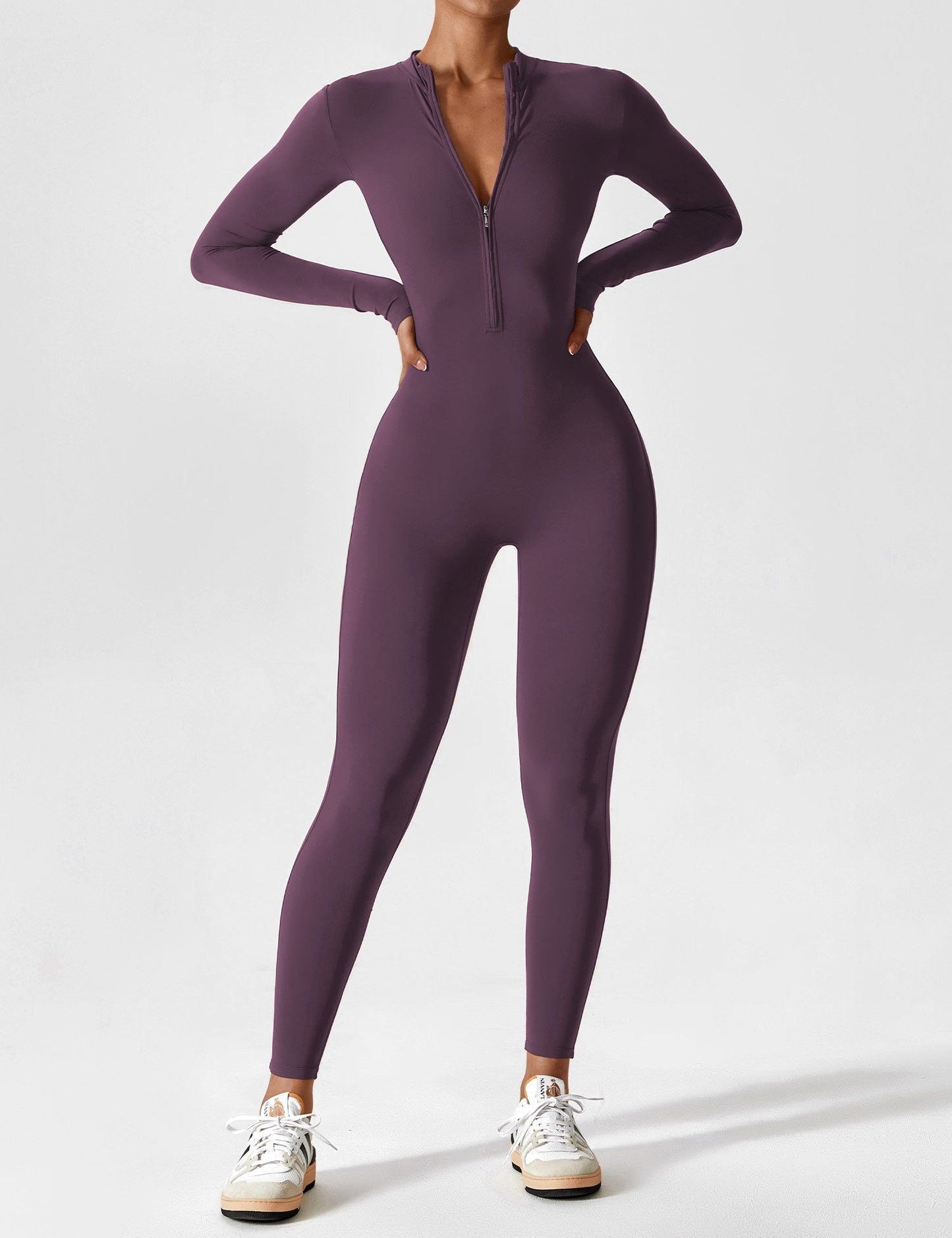 Women's Zip Front Fitted Jumpsuit Long Sleeve Casual Summer Outfit