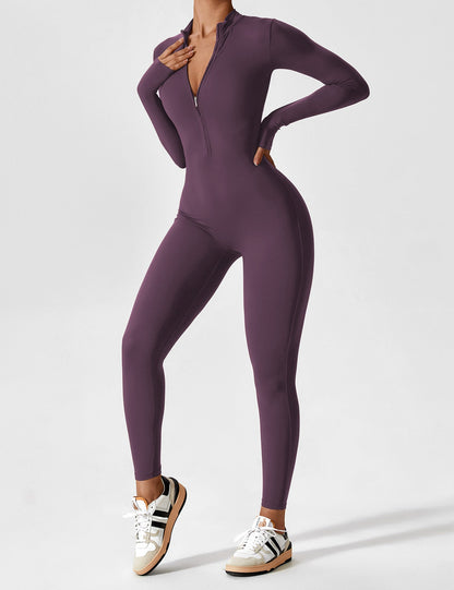 Women's Zip Front Fitted Jumpsuit Long Sleeve Casual Summer Outfit