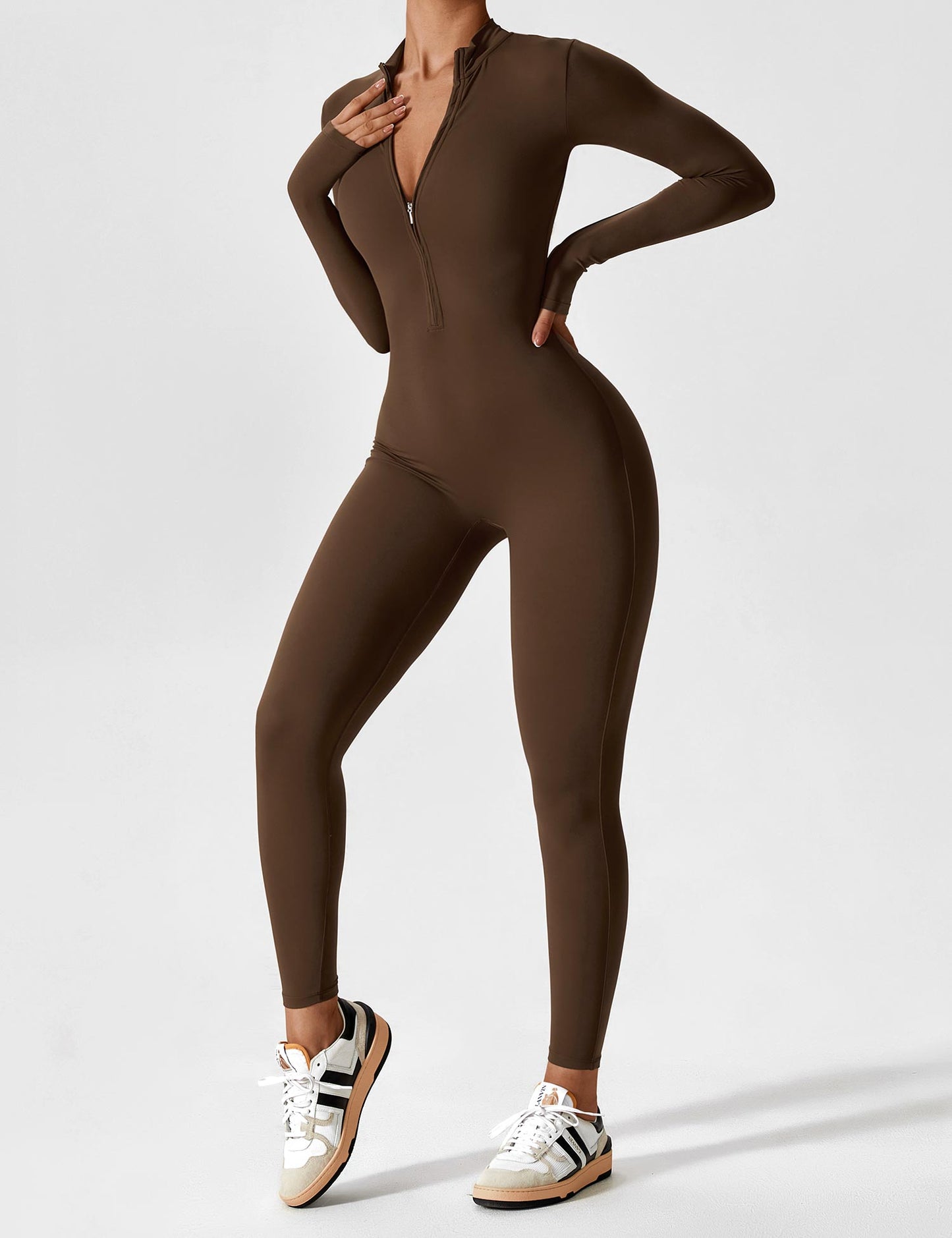 Women's Zip Front Fitted Jumpsuit Long Sleeve Casual Summer Outfit
