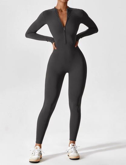 Women's Zip Front Fitted Jumpsuit Long Sleeve Casual Summer Outfit