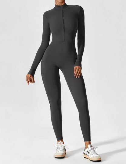 Women's Zip Front Fitted Jumpsuit Long Sleeve Casual Summer Outfit