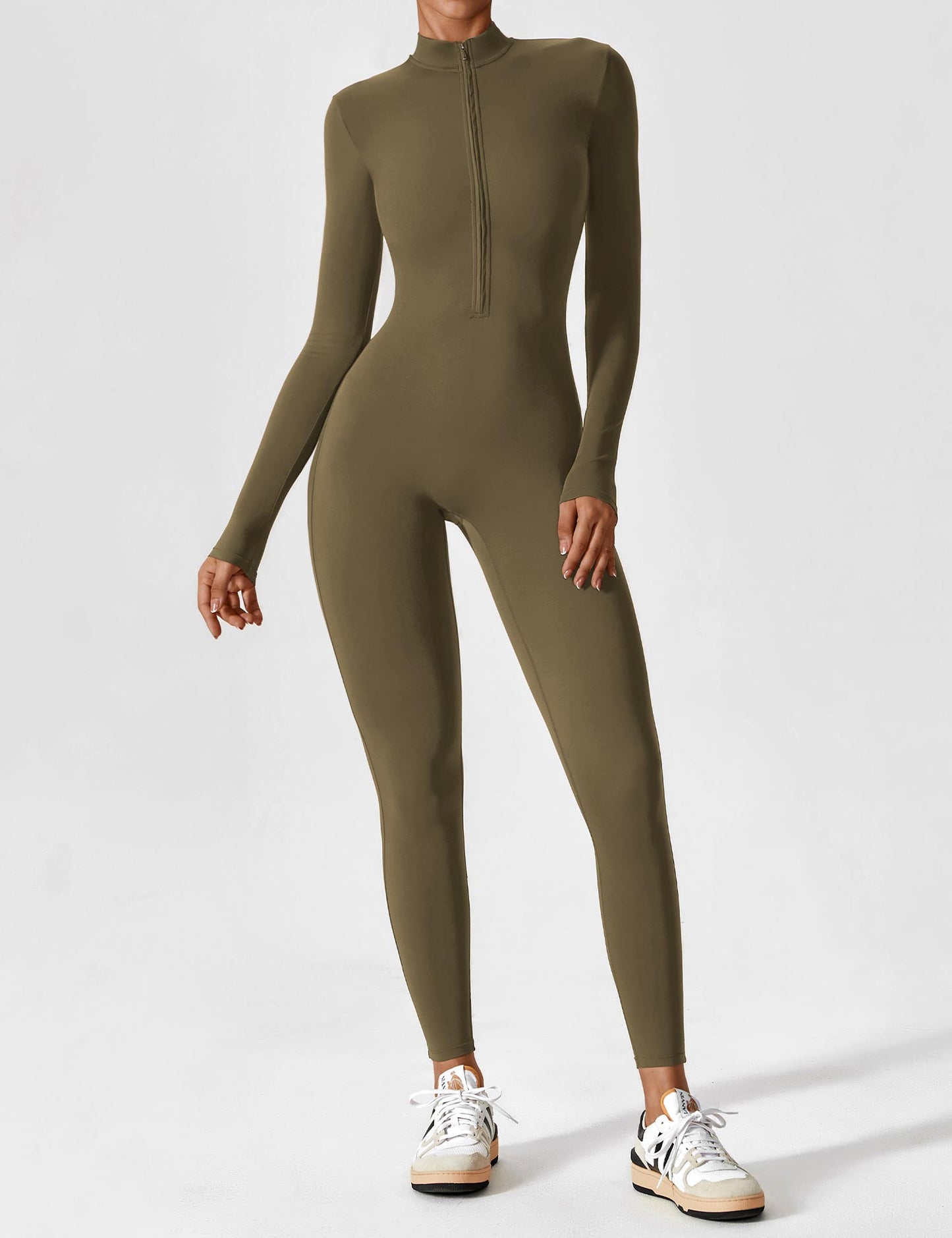 Women's Zip Front Fitted Jumpsuit Long Sleeve Casual Summer Outfit