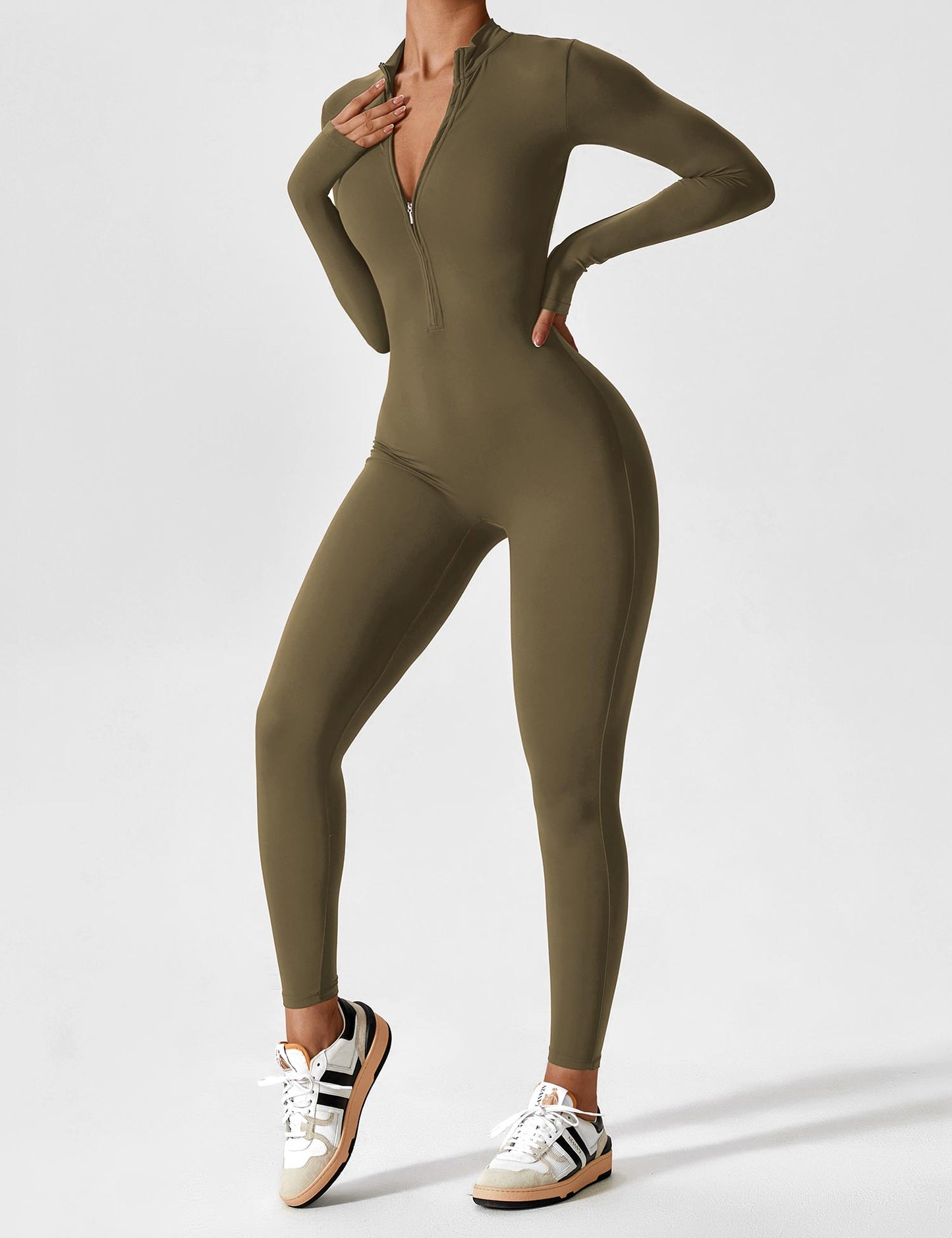 Women's Zip Front Fitted Jumpsuit Long Sleeve Casual Summer Outfit