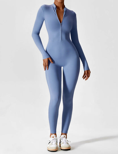 Women's Zip Front Fitted Jumpsuit Long Sleeve Casual Summer Outfit