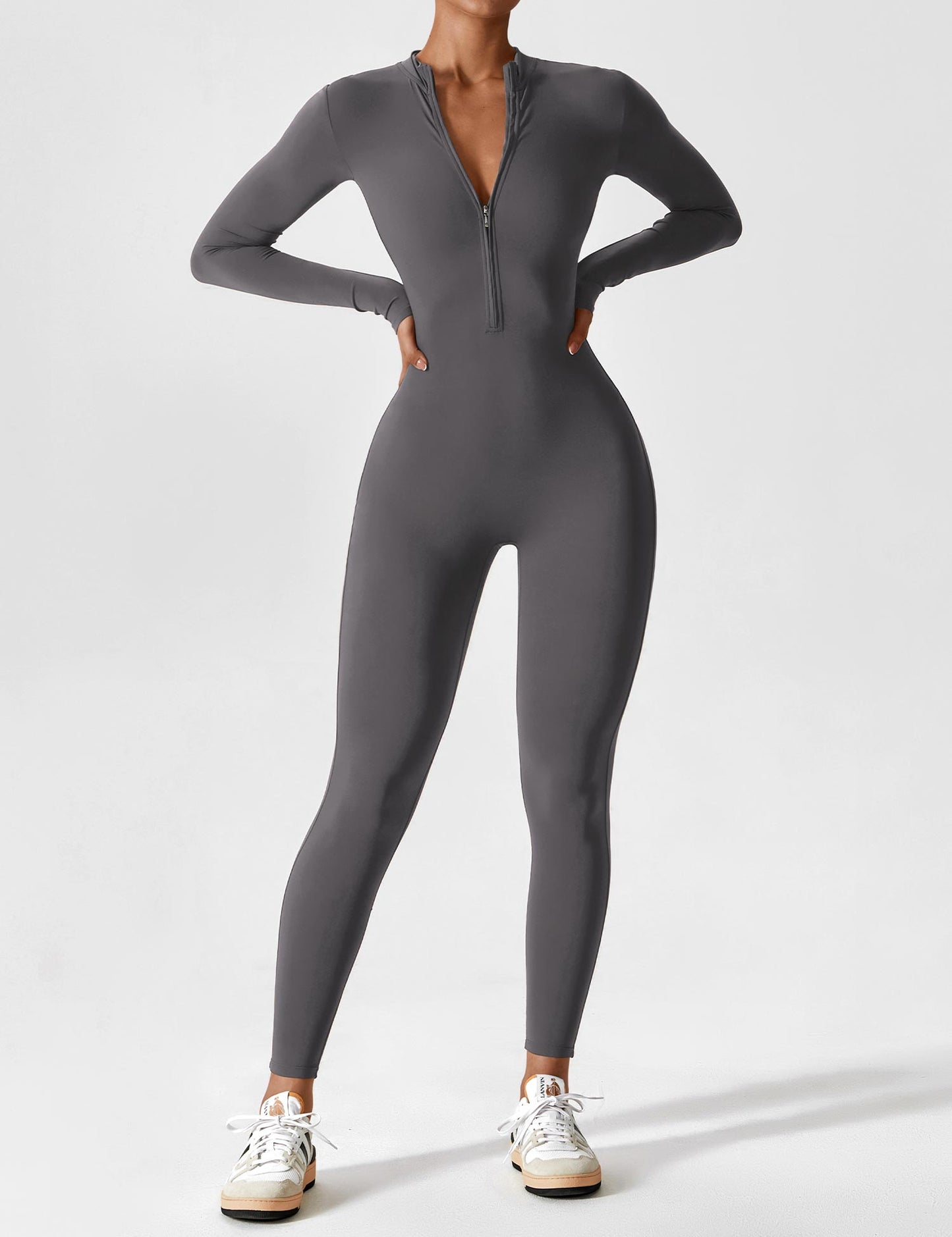 Women's Zip Front Fitted Jumpsuit Long Sleeve Casual Summer Outfit
