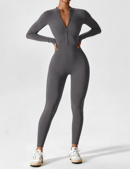 Women's Zip Front Fitted Jumpsuit Long Sleeve Casual Summer Outfit