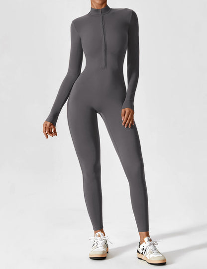 Women's Zip Front Fitted Jumpsuit Long Sleeve Casual Summer Outfit