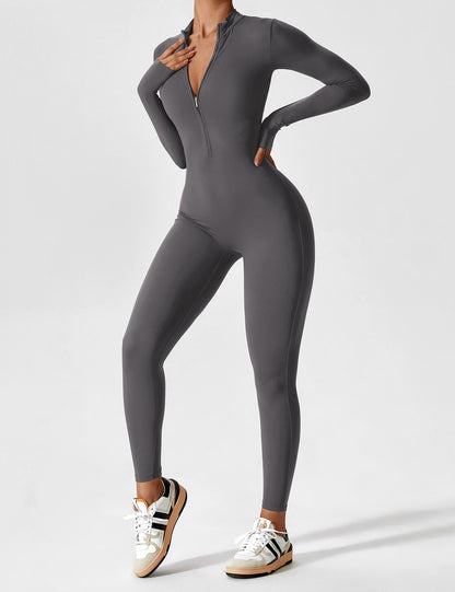 Women's Zip Front Fitted Jumpsuit Long Sleeve Casual Summer Outfit