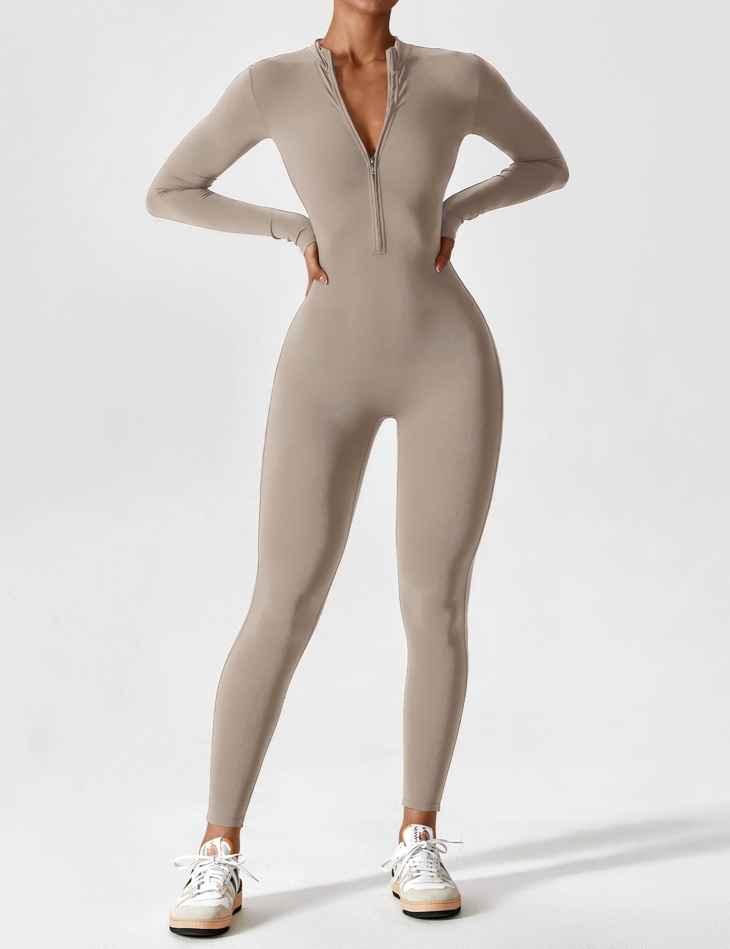 Women's Zip Front Fitted Jumpsuit Long Sleeve Casual Summer Outfit