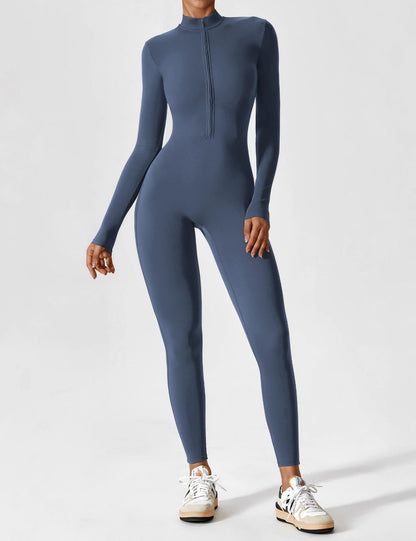 Women's Zip Front Fitted Jumpsuit Long Sleeve Casual Summer Outfit