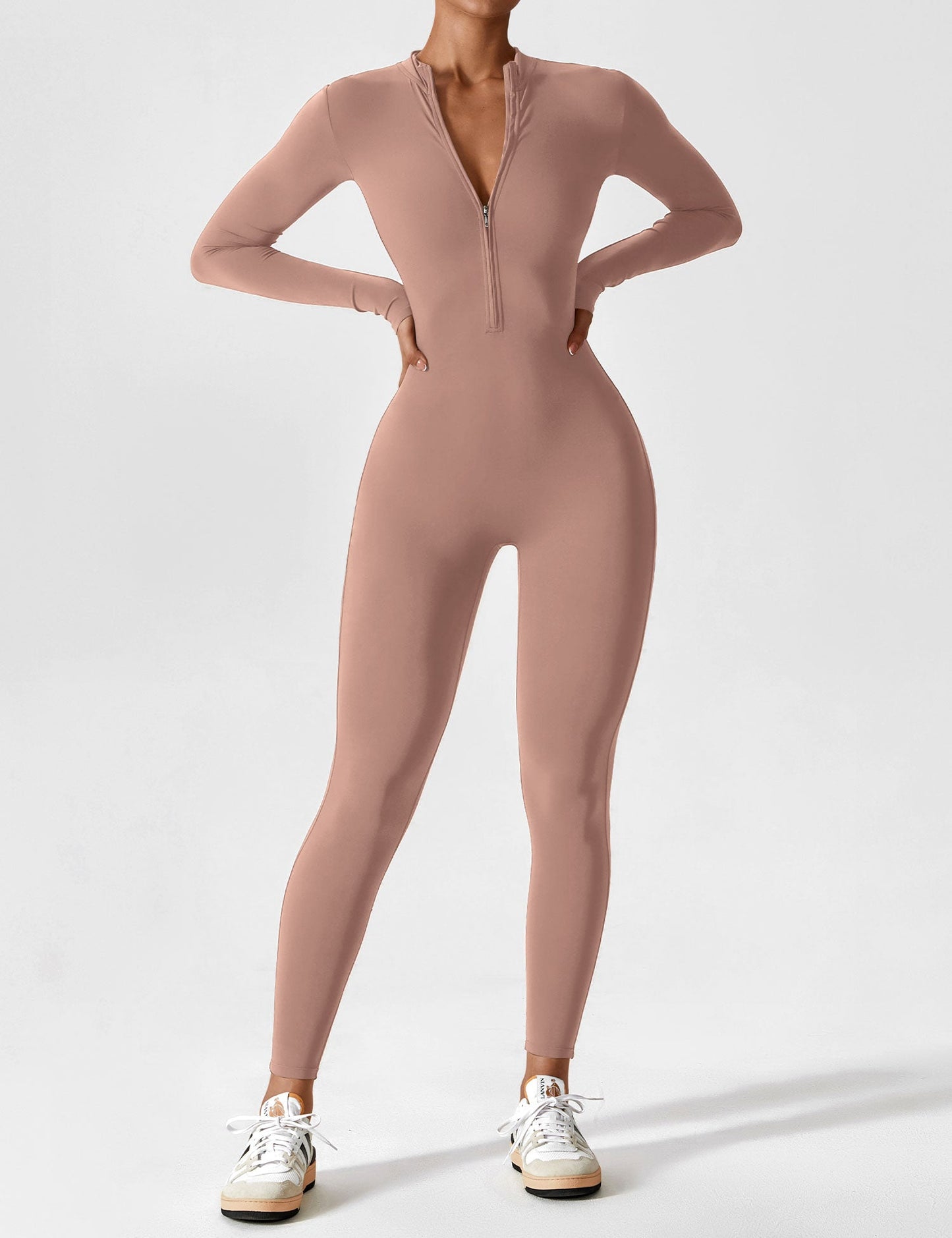 Women's Zip Front Fitted Jumpsuit Long Sleeve Casual Summer Outfit