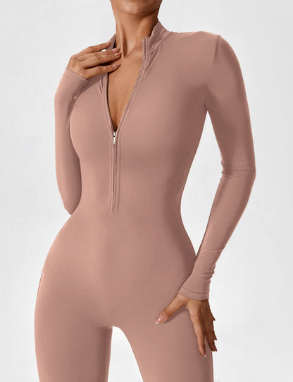 Women's Zip Front Fitted Jumpsuit Long Sleeve Casual Summer Outfit