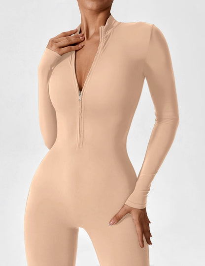 Women's Zip Front Fitted Jumpsuit Long Sleeve Casual Summer Outfit