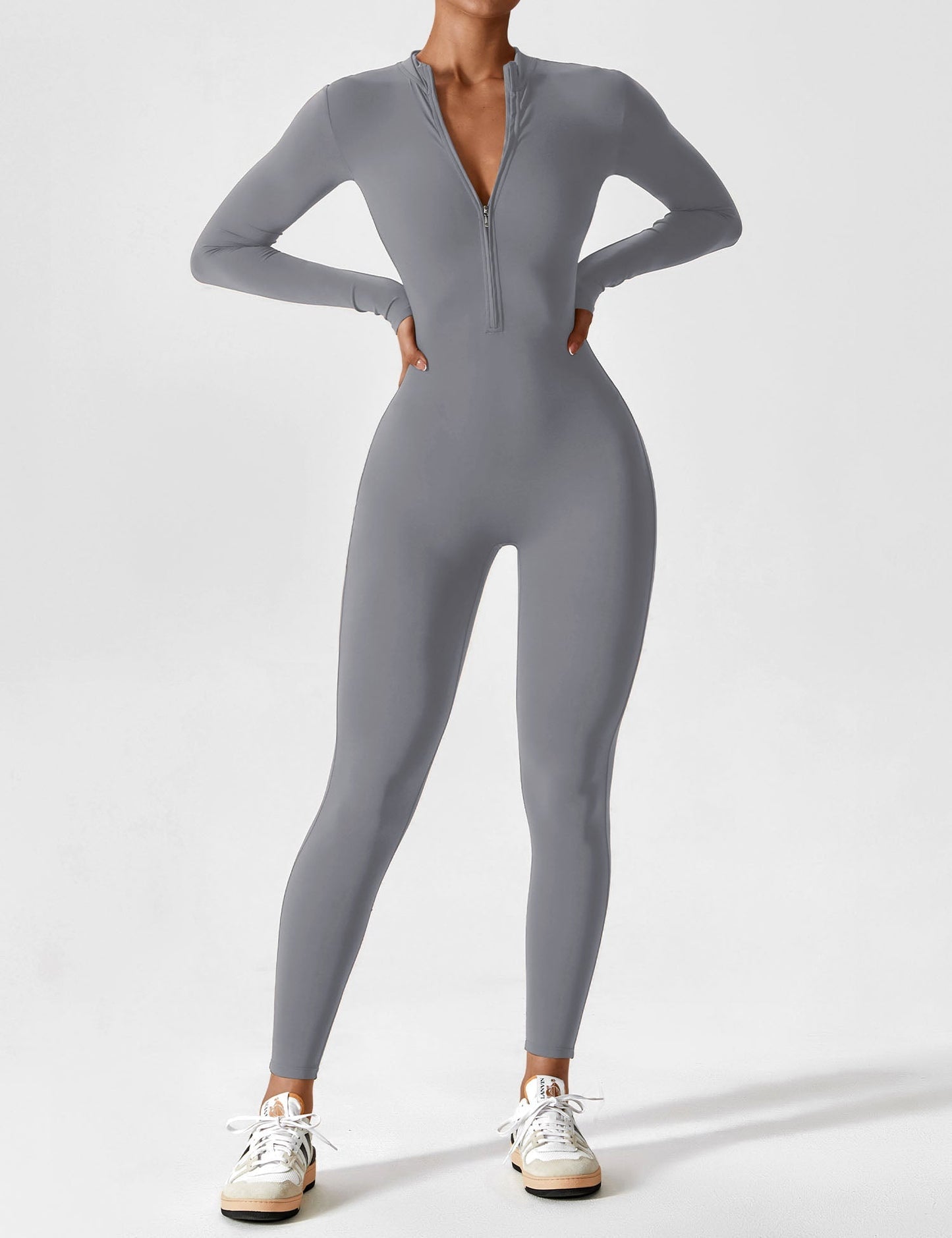 Women's Zip Front Fitted Jumpsuit Long Sleeve Casual Summer Outfit