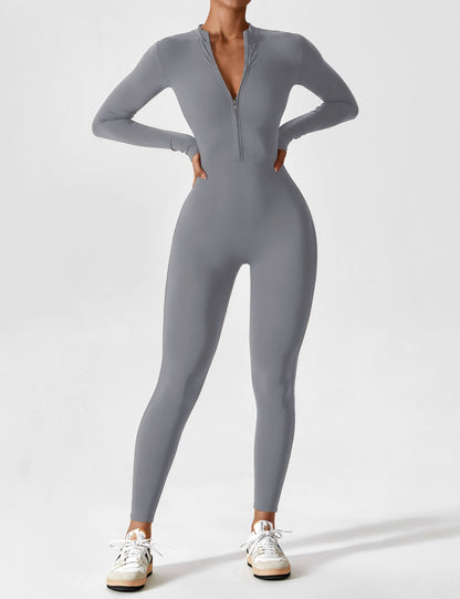 Women's Zip Front Fitted Jumpsuit Long Sleeve Casual Summer Outfit
