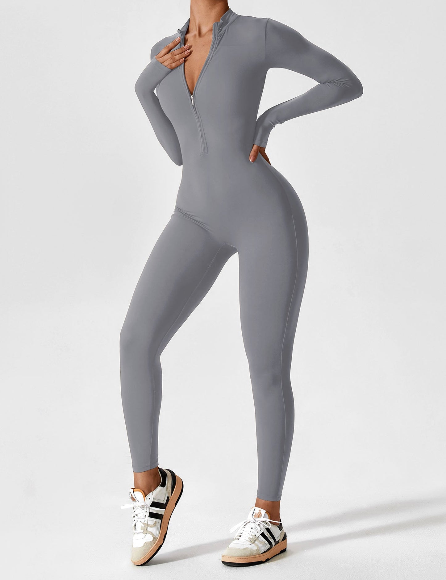 Women's Zip Front Fitted Jumpsuit Long Sleeve Casual Summer Outfit
