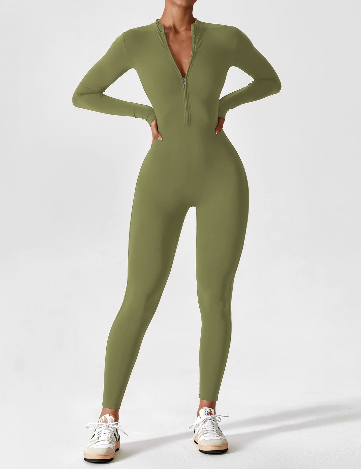 Women's Zip Front Fitted Jumpsuit Long Sleeve Casual Summer Outfit