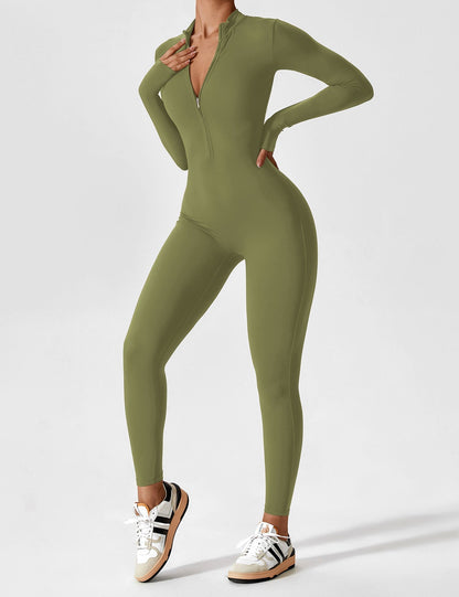 Women's Zip Front Fitted Jumpsuit Long Sleeve Casual Summer Outfit